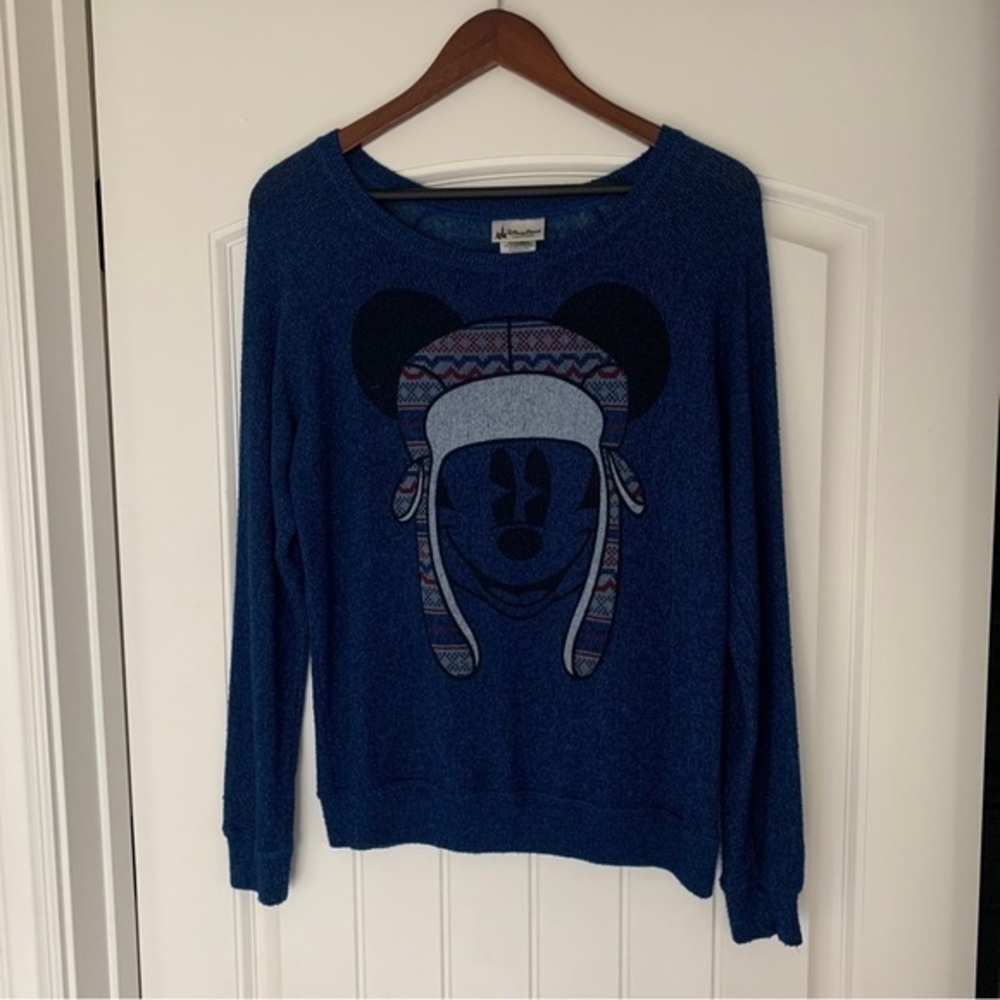 Disney Parks Sweater Women's Medium Blue Mickey‎ Mouse Hat Logo Knit Winter